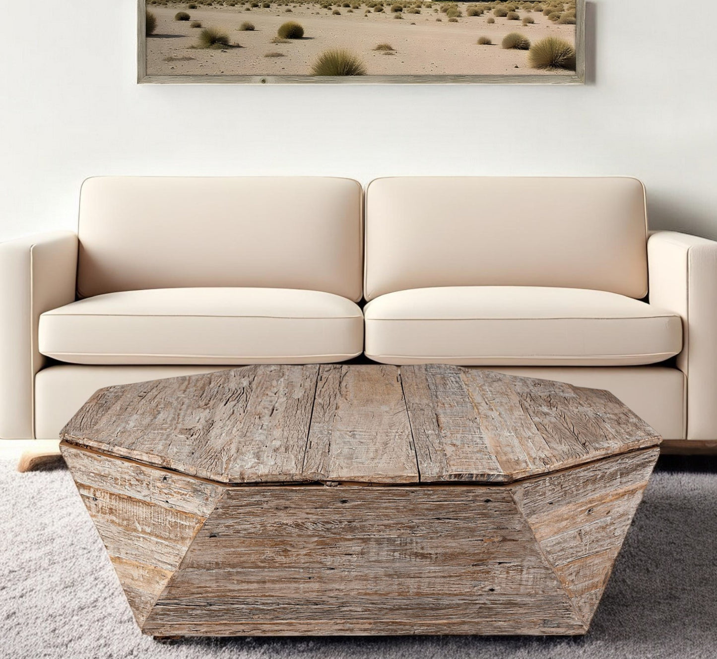 49" Natural Wood Octagon Distressed Lift Top Abstract Coffee Table-0