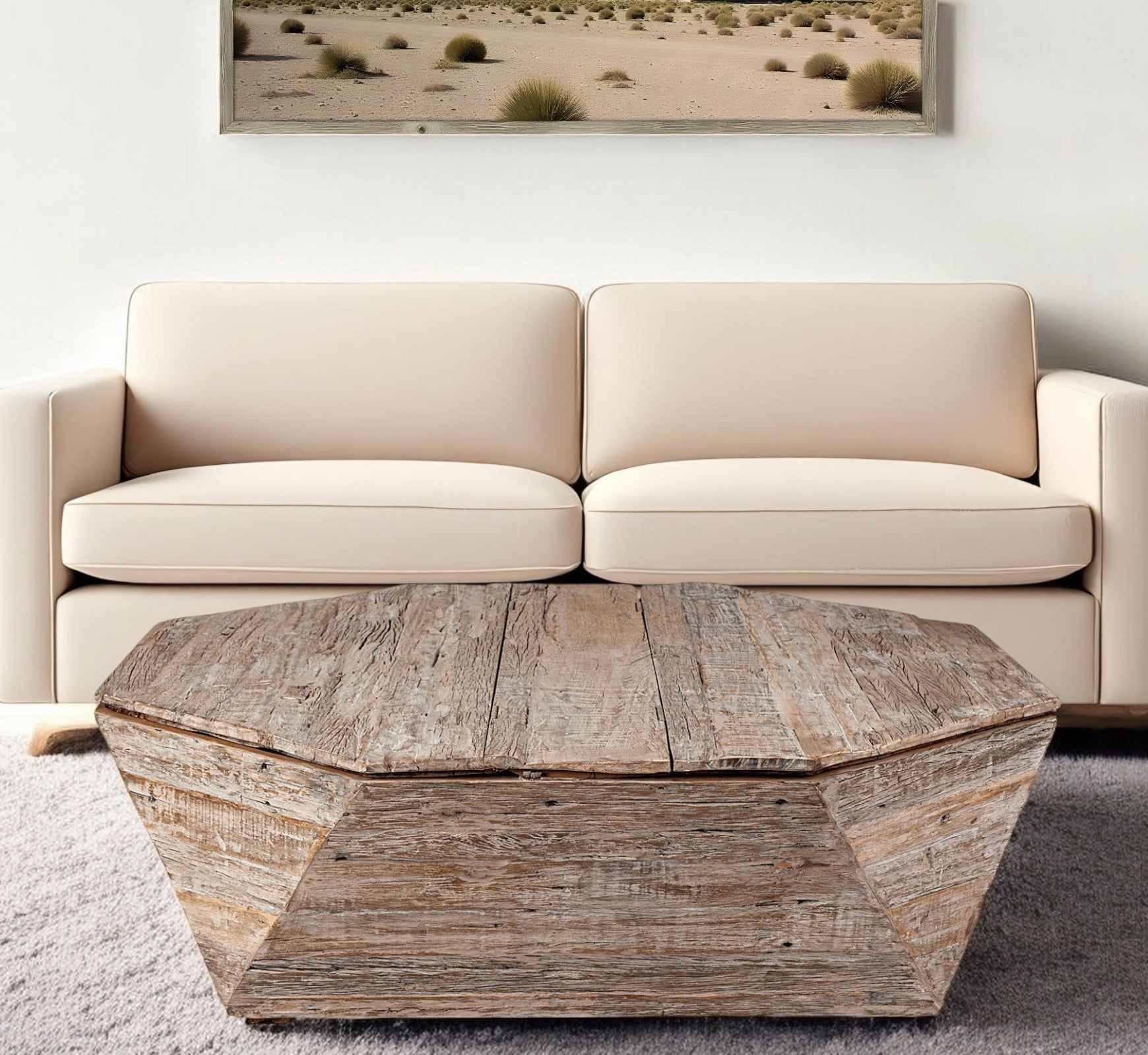 49" Natural Wood Octagon Distressed Lift Top Abstract Coffee Table-0