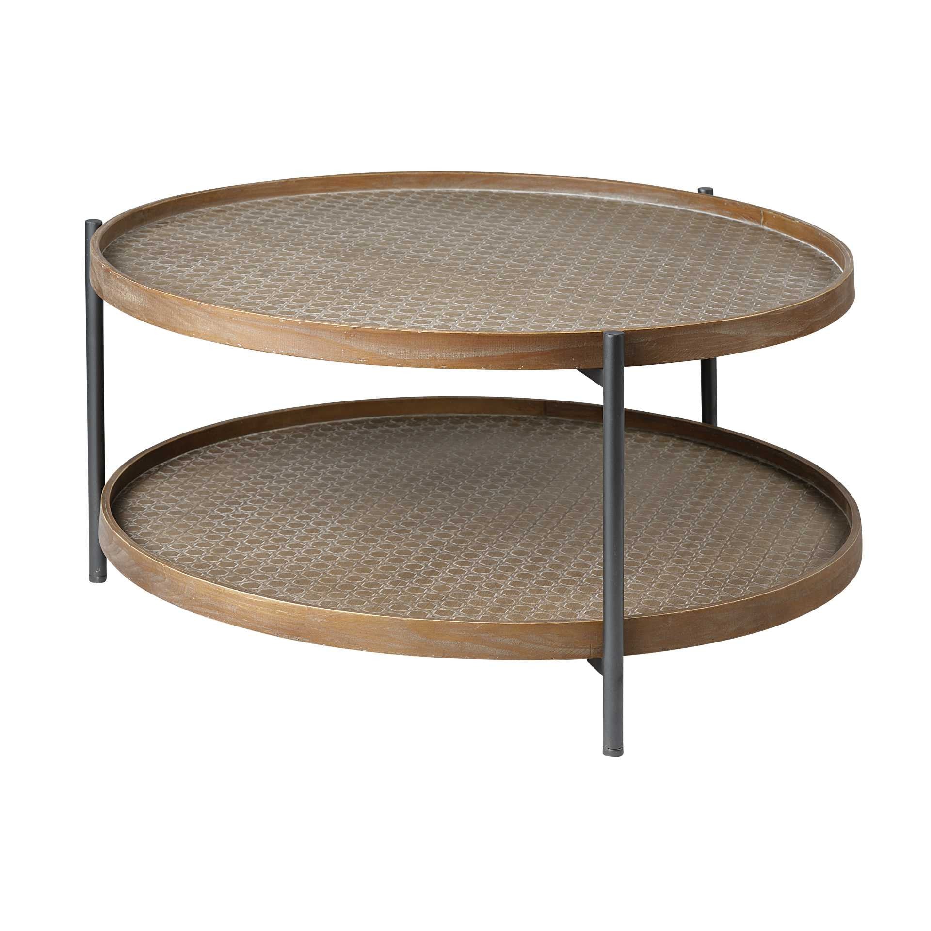 33" Brown and Black Solid Wood and Iron Round Coffee Table With Shelf-1