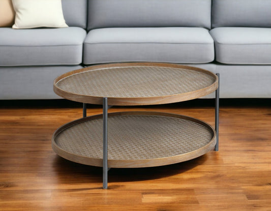 33" Brown and Black Solid Wood and Iron Round Coffee Table With Shelf-0