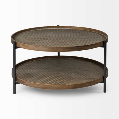 33" Brown and Black Solid Wood and Iron Round Coffee Table With Shelf-2