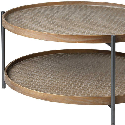 33" Brown and Black Solid Wood and Iron Round Coffee Table With Shelf-6