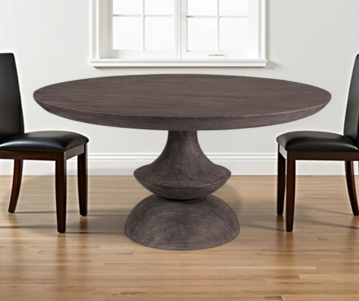 60" Gray Rounded Solid Wood Pedestal Base Dining Table-0