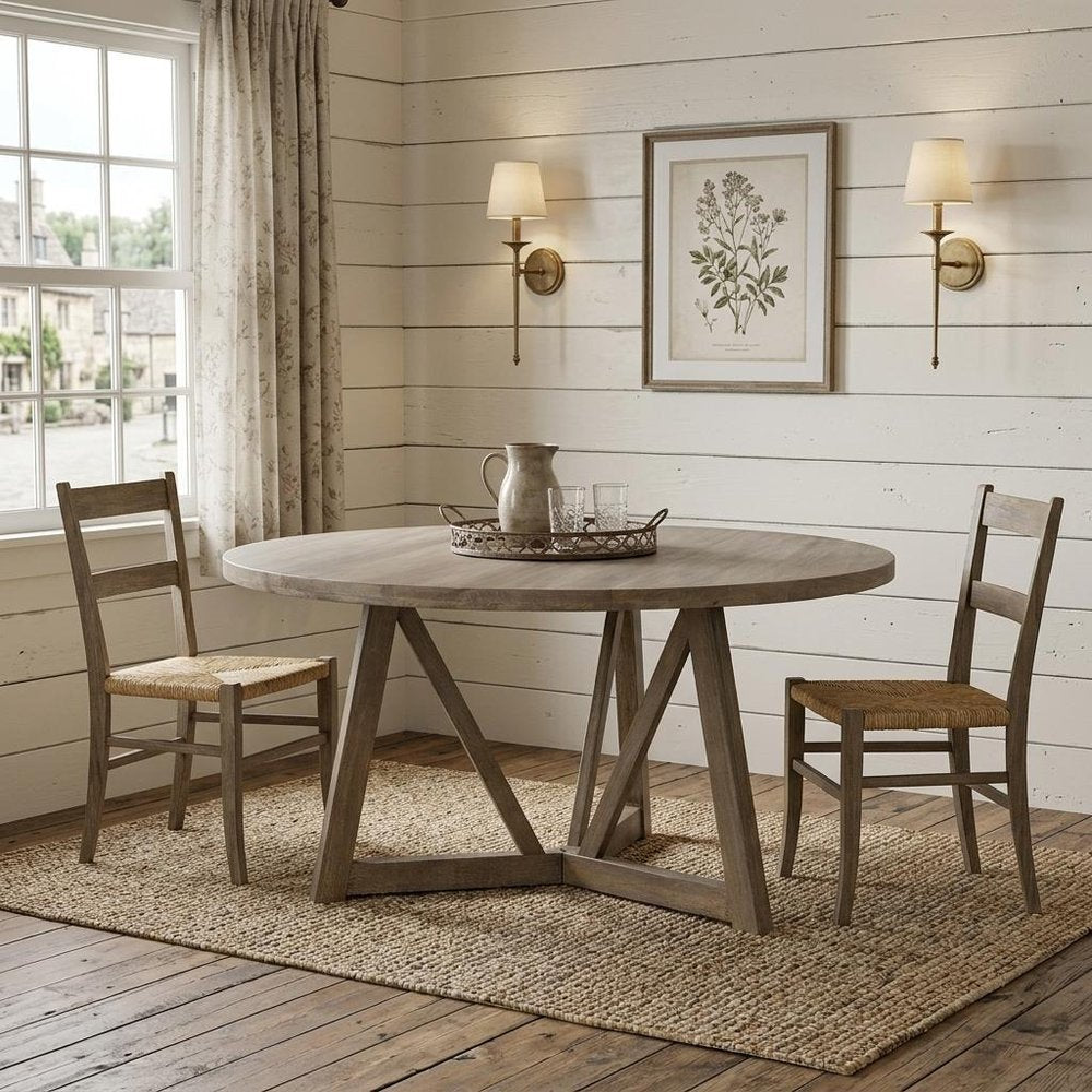 Hollis 60-inch round dining table in brown solid wood on a pedestal base