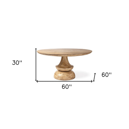 60" Natural Rounded Solid Wood Pedestal Base Dining Table-4
