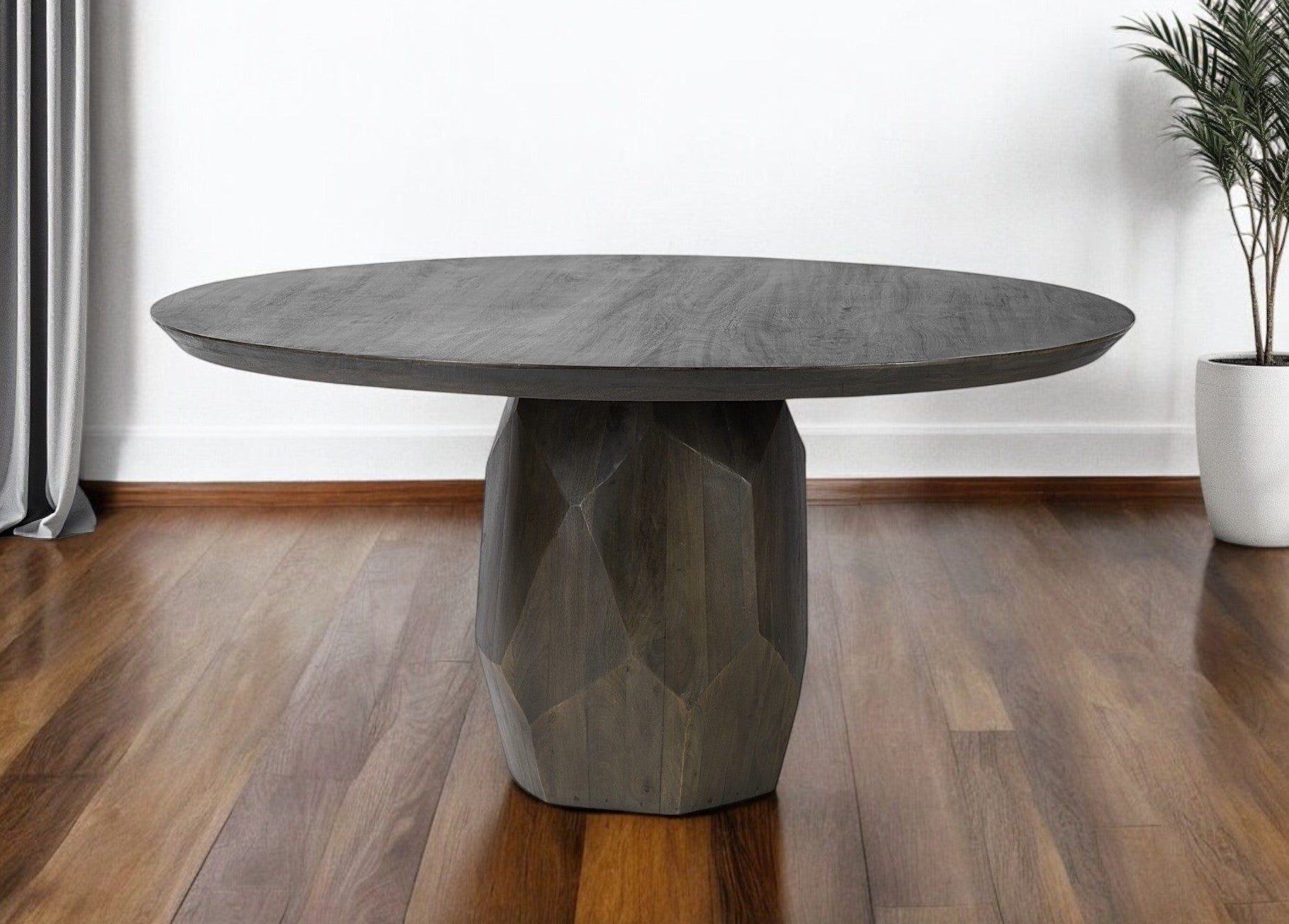 60" Brown Rounded Solid Wood Pedestal Base Dining Table-0