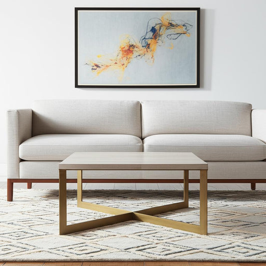 34" Beige Wood and Metal Square Coffee Table-0
