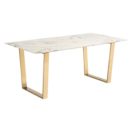 71" White And Gold Faux Marble And Steel Sled Base Dining Table-0
