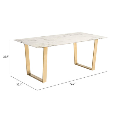 71" White And Gold Faux Marble And Steel Sled Base Dining Table-8