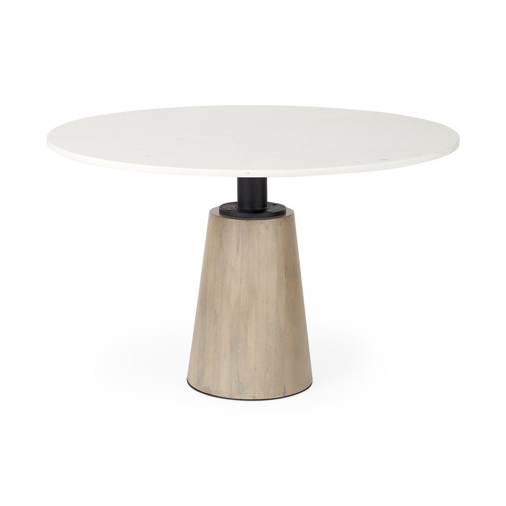 Marlow 48-inch round dining table with a white marble top on a tapered wood pedestal, additional view