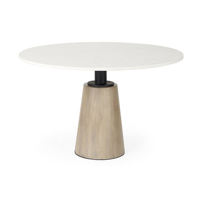 Marlow 48-inch round dining table with a white marble top on a tapered wood pedestal, additional view