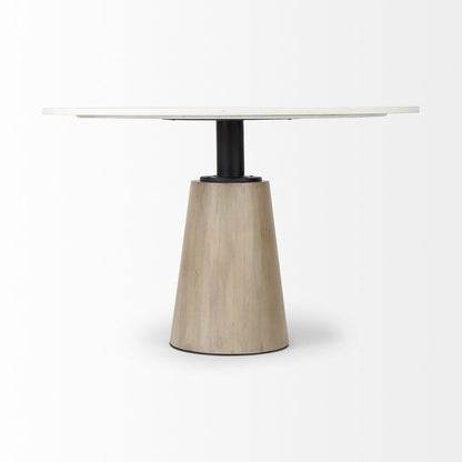 Marlow 48-inch round dining table with a white marble top on a tapered wood pedestal, additional view