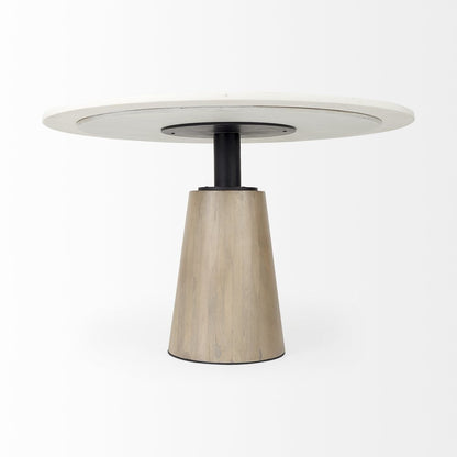 Marlow 48-inch round dining table with a white marble top on a tapered wood pedestal, additional view
