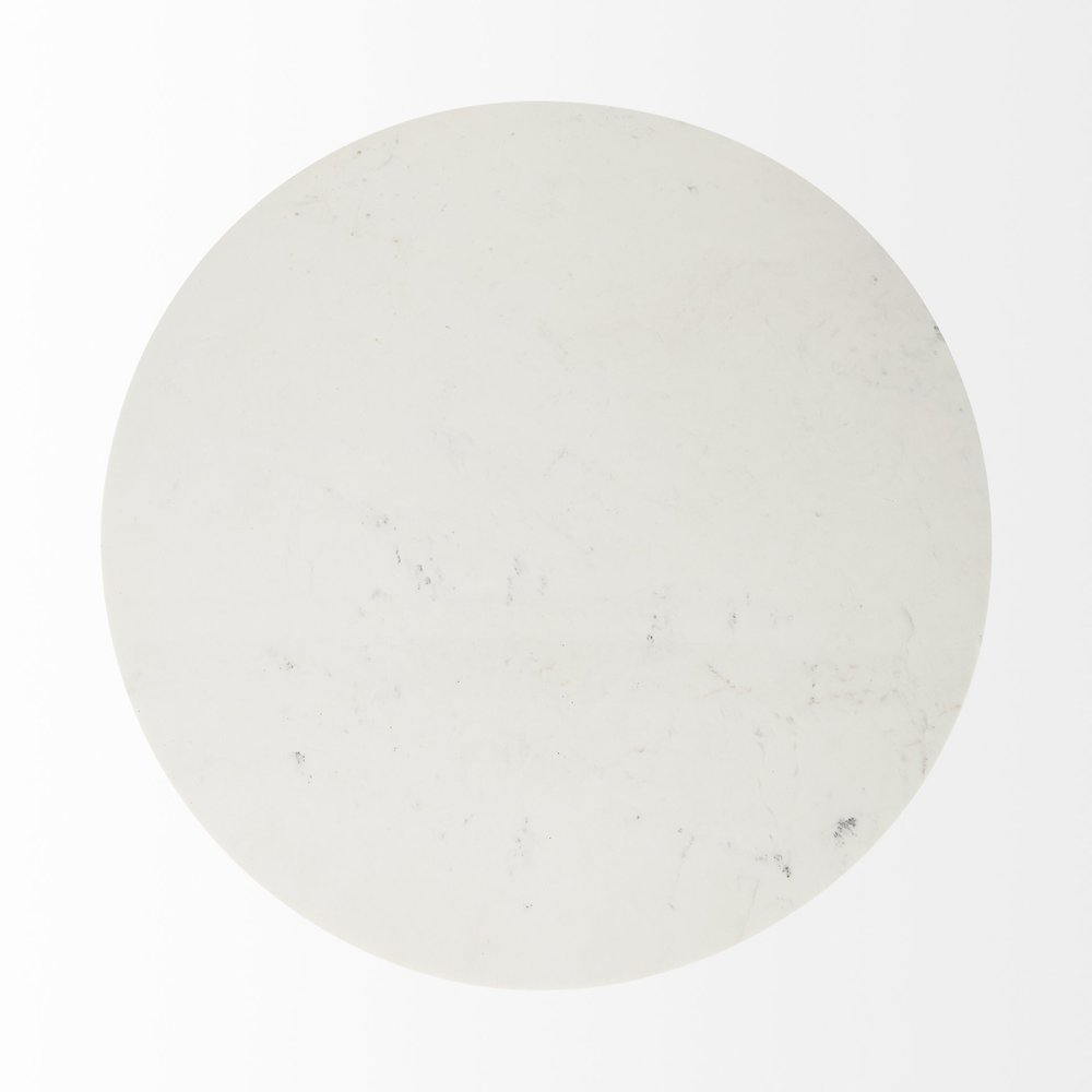 Marlow 48-inch round dining table with a white marble top on a tapered wood pedestal, additional view