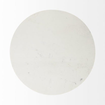 Marlow 48-inch round dining table with a white marble top on a tapered wood pedestal, additional view