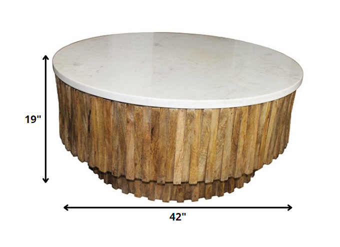 42" Ivory and Natural Genuine Marble and Solid Wood Round Solid Coffee Table-5