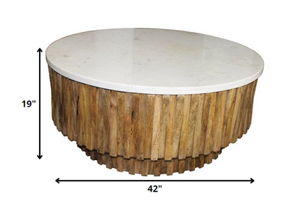 42" Ivory and Natural Genuine Marble and Solid Wood Round Solid Coffee Table-5