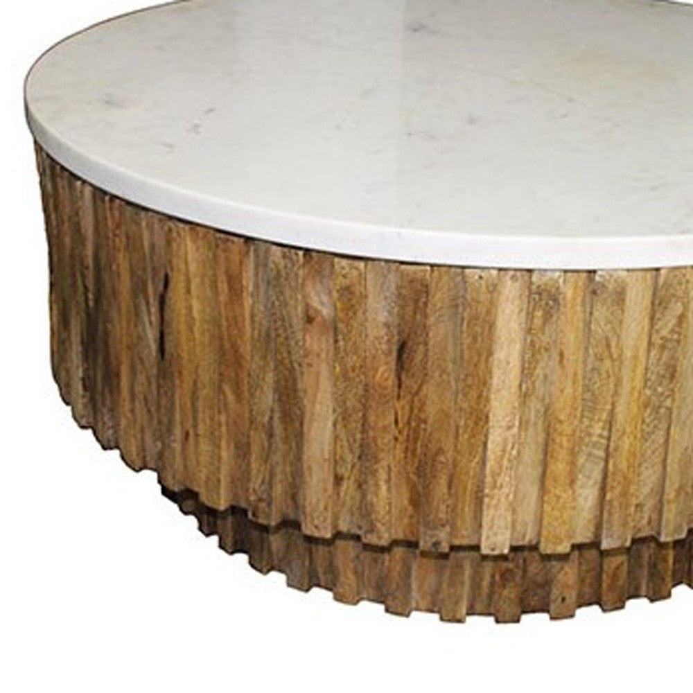 42" Ivory and Natural Genuine Marble and Solid Wood Round Solid Coffee Table-2