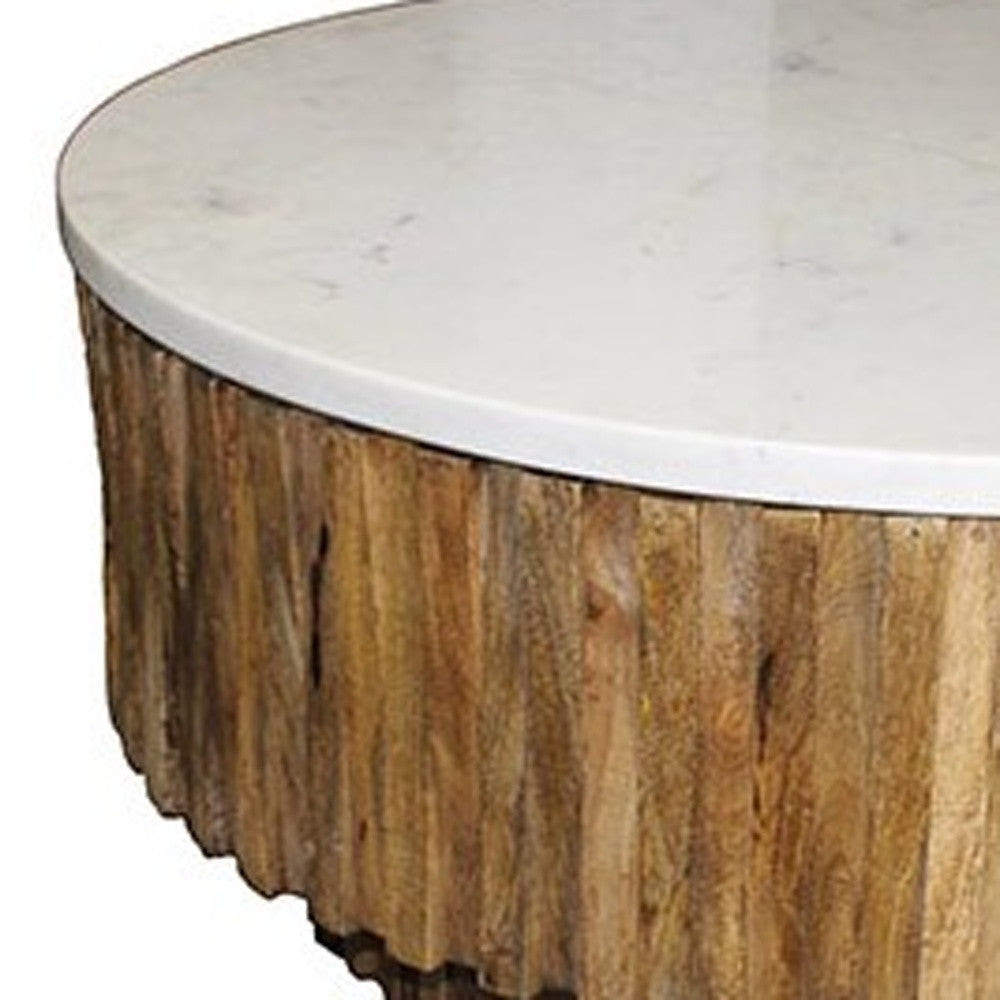 42" Ivory and Natural Genuine Marble and Solid Wood Round Solid Coffee Table-3