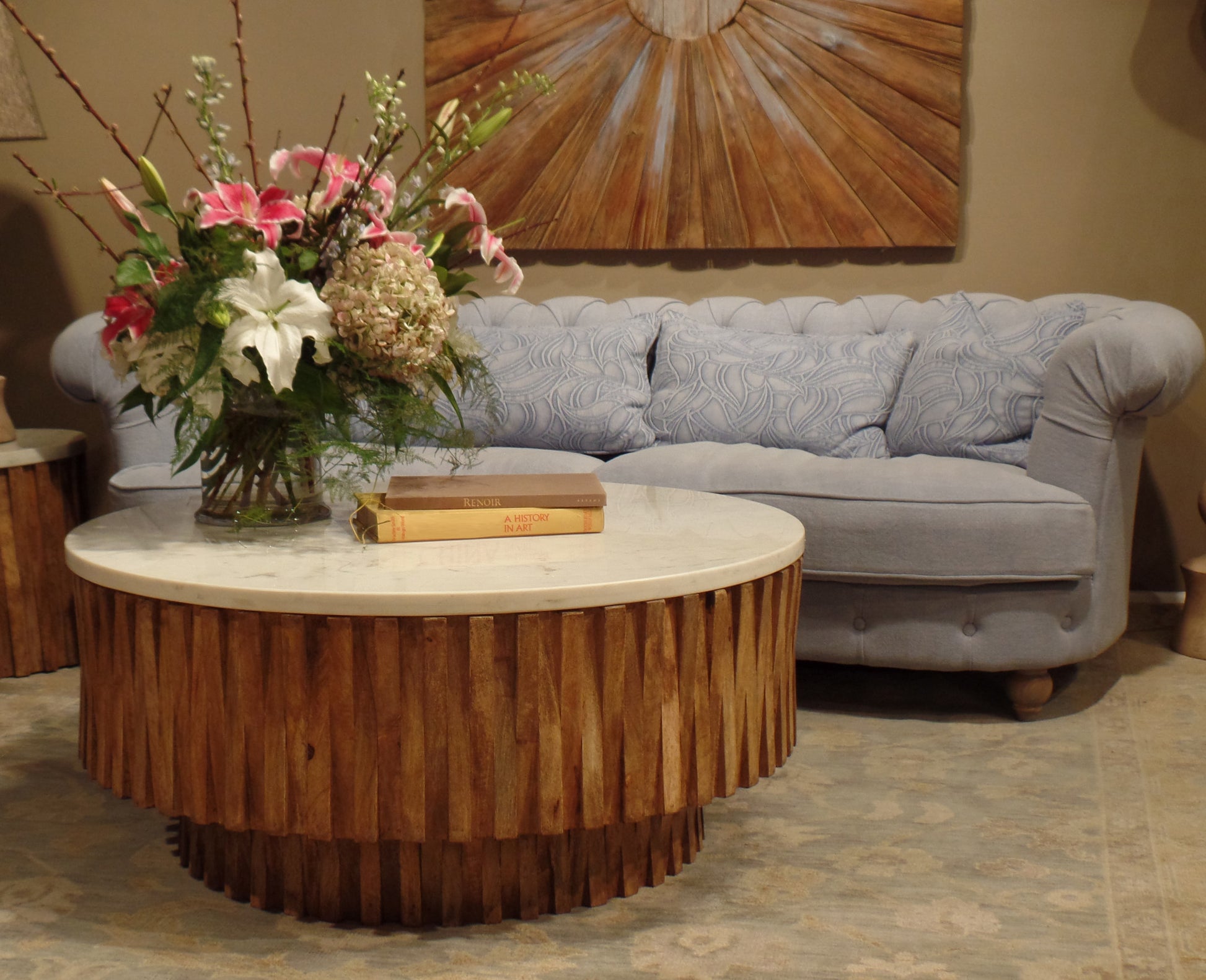42" Ivory and Natural Genuine Marble and Solid Wood Round Solid Coffee Table-4
