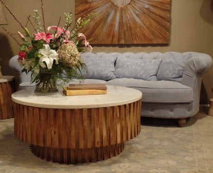 42" Ivory and Natural Genuine Marble and Solid Wood Round Solid Coffee Table-4