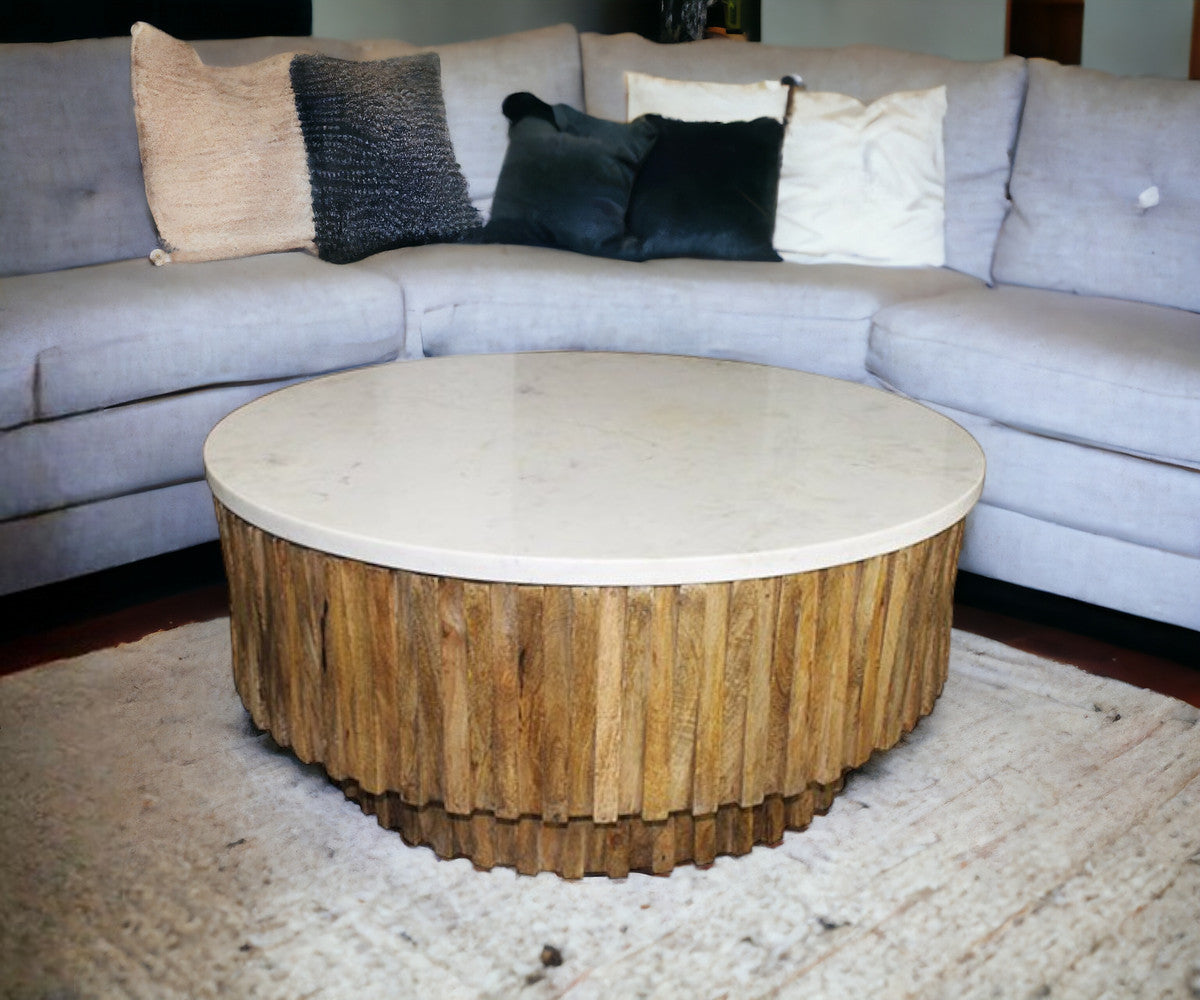 42" Ivory and Natural Genuine Marble and Solid Wood Round Solid Coffee Table-1
