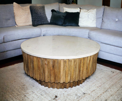 42" Ivory and Natural Genuine Marble and Solid Wood Round Solid Coffee Table-1