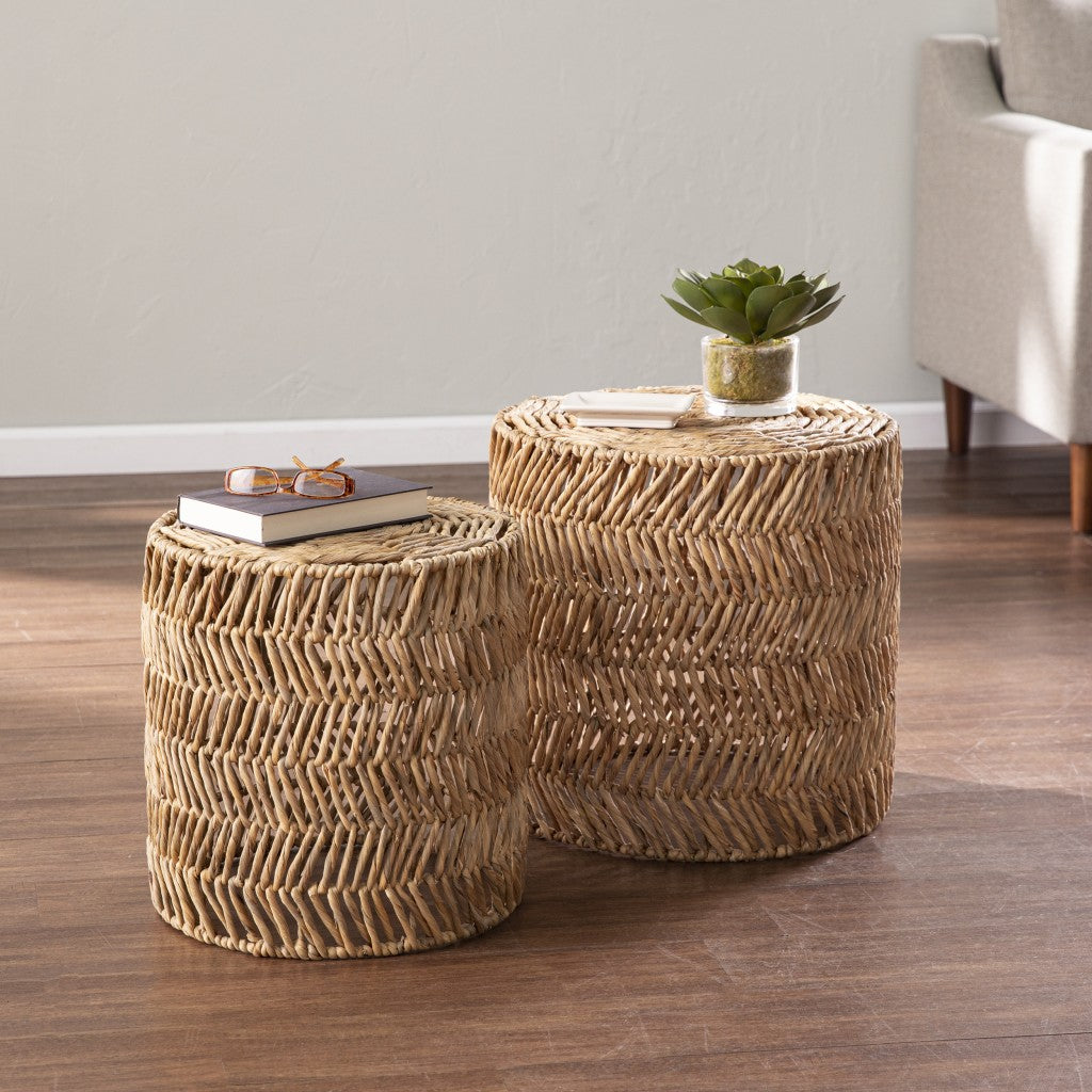 Set Of Two 18" Natural Woven Rattan End Tables-8