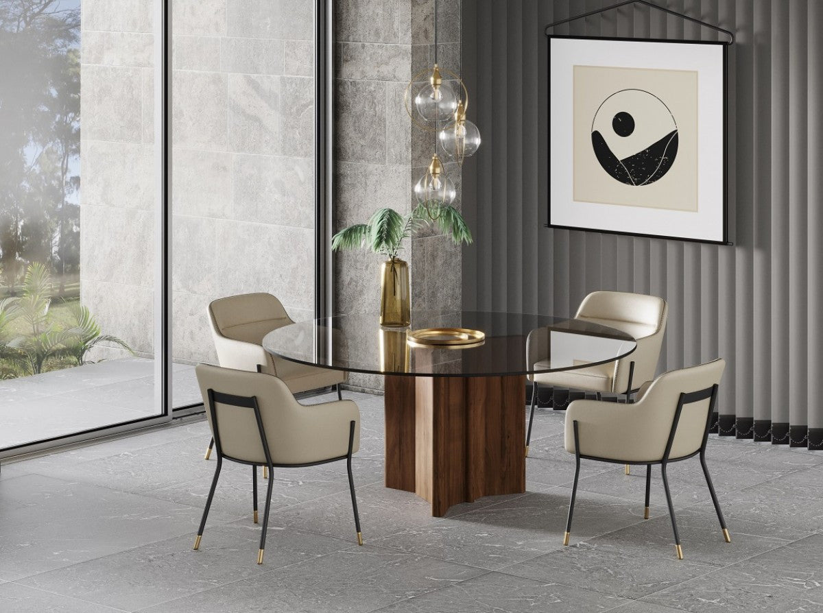 71" Smoky Black And Brown Rounded Glass And Solid Manufactured Wood Pedestal Base Dining Table-3