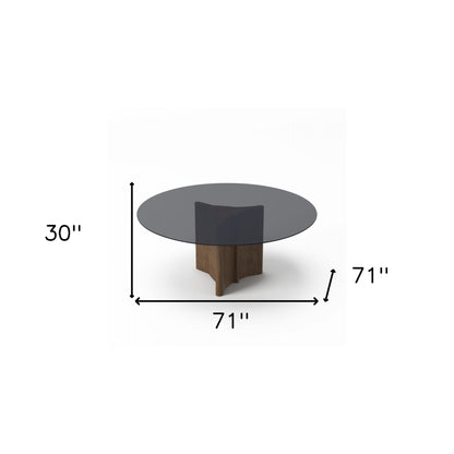 71" Smoky Black And Brown Rounded Glass And Solid Manufactured Wood Pedestal Base Dining Table-4
