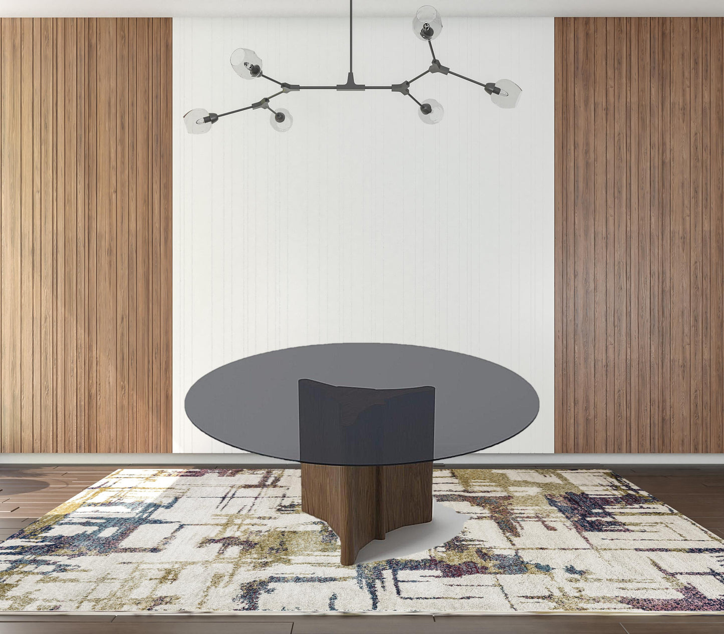 71" Smoky Black And Brown Rounded Glass And Solid Manufactured Wood Pedestal Base Dining Table-2