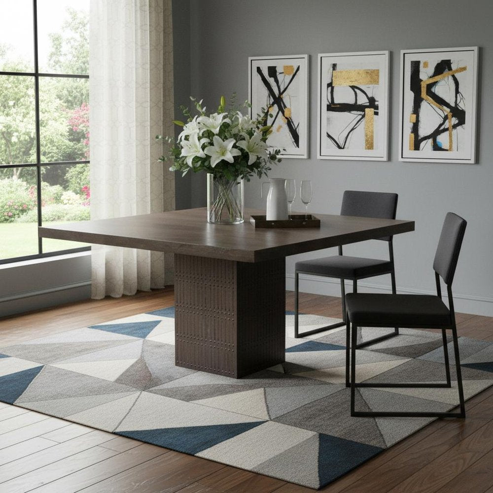 Perry 42-inch square dining table in brown mango wood with a ribbed pedestal base