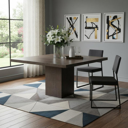 Perry 42-inch square dining table in brown mango wood with a ribbed pedestal base