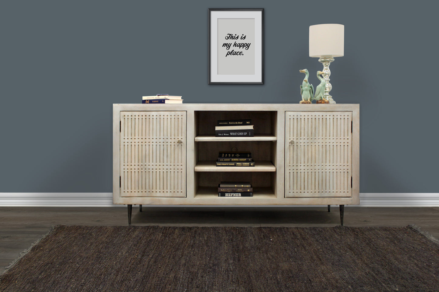 60" Ivory Carved Geometric Distressed Solid Wood Enclosed and Open Storage TV Stand-7