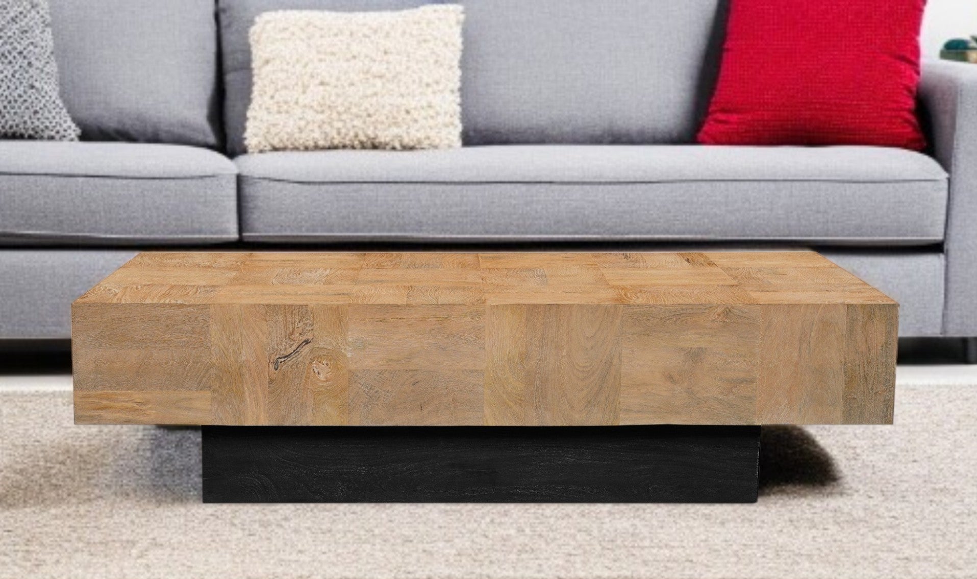 59" Natural and Black Solid Wood Block Coffee Table-0