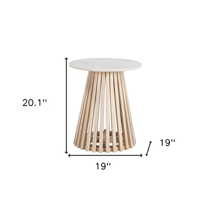 20" White and Natural Distressed Marble and Solid Wood Round Pedestal End Table-7