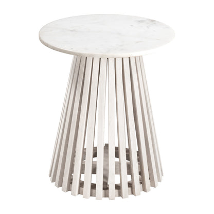 20" White and Natural Distressed Marble and Solid Wood Round Pedestal End Table-4