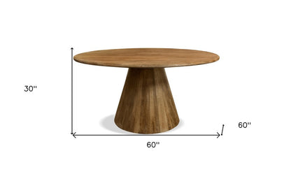 Rowan 60-inch round dining table in natural distressed solid wood on a pedestal base, additional view