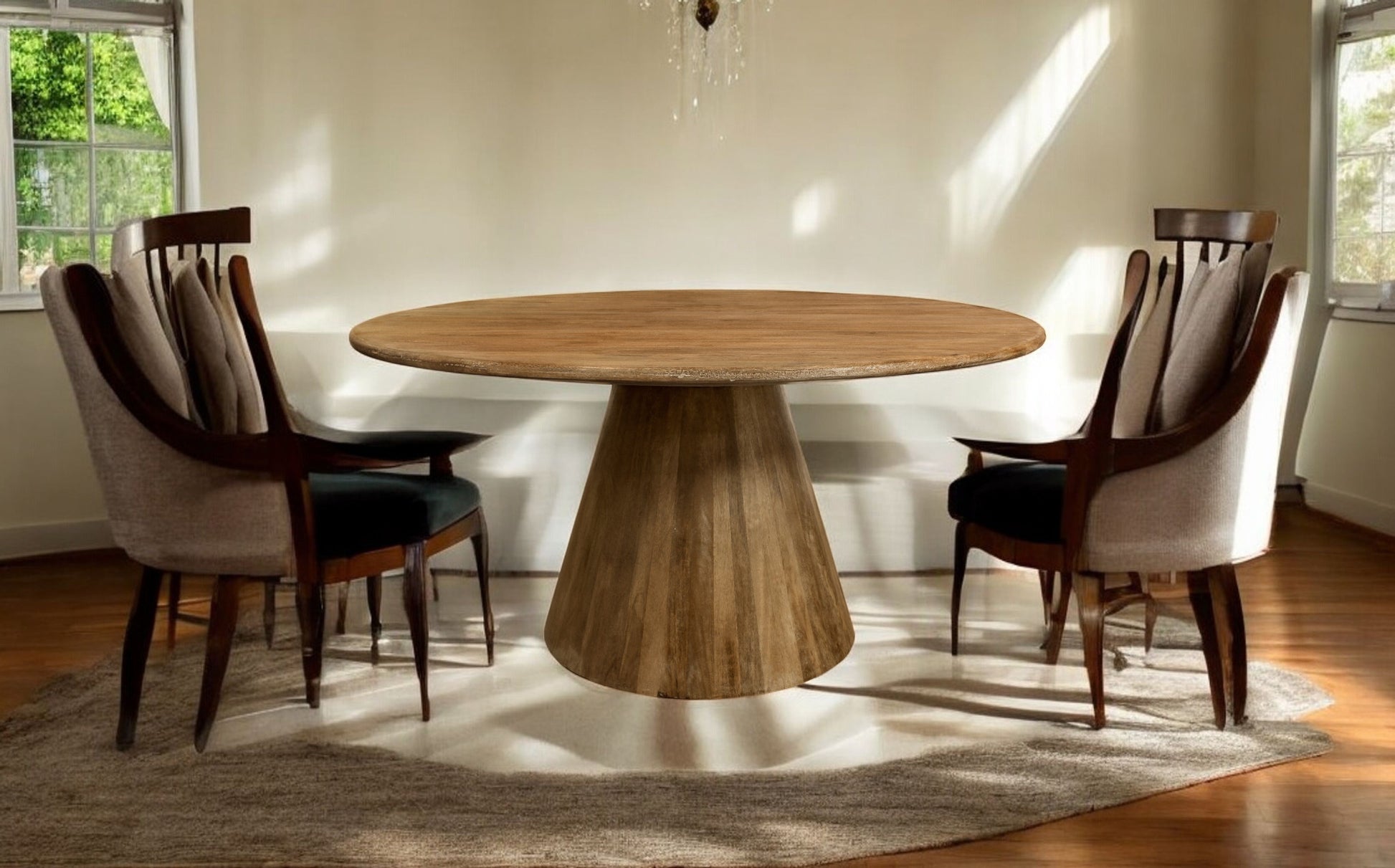 60" Natural Rounded Solid Wood Pedestal Base Dining Table-1