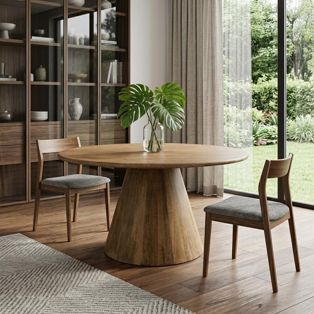 Rowan 60-inch round dining table in natural distressed solid wood on a pedestal base