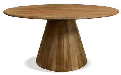 Rowan 60-inch round dining table in natural distressed solid wood on a pedestal base, additional view