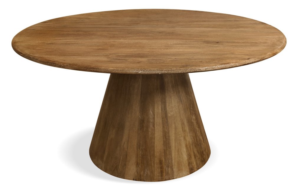 Rowan 60-inch round dining table in natural distressed solid wood on a pedestal base, additional view