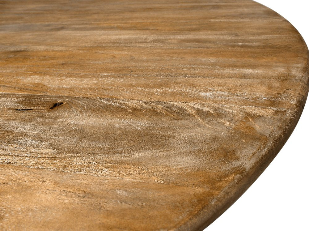 Rowan 60-inch round dining table in natural distressed solid wood on a pedestal base, additional view
