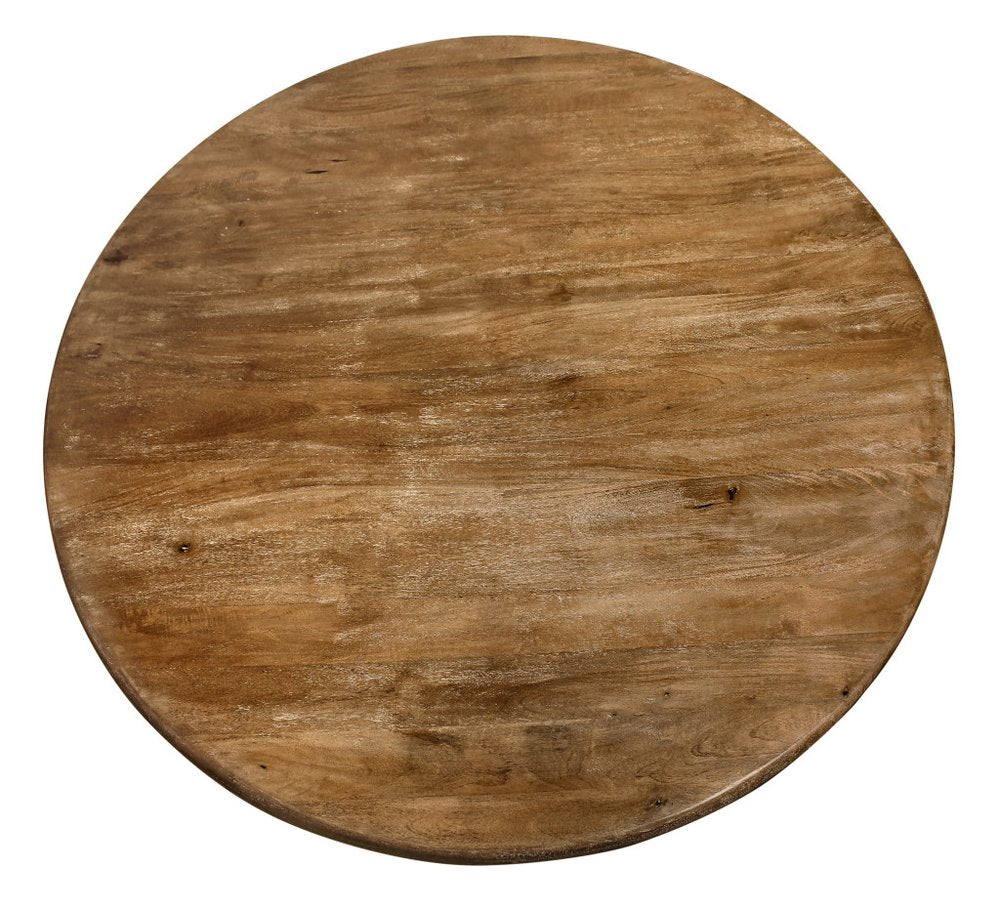 Rowan 60-inch round dining table in natural distressed solid wood on a pedestal base, additional view