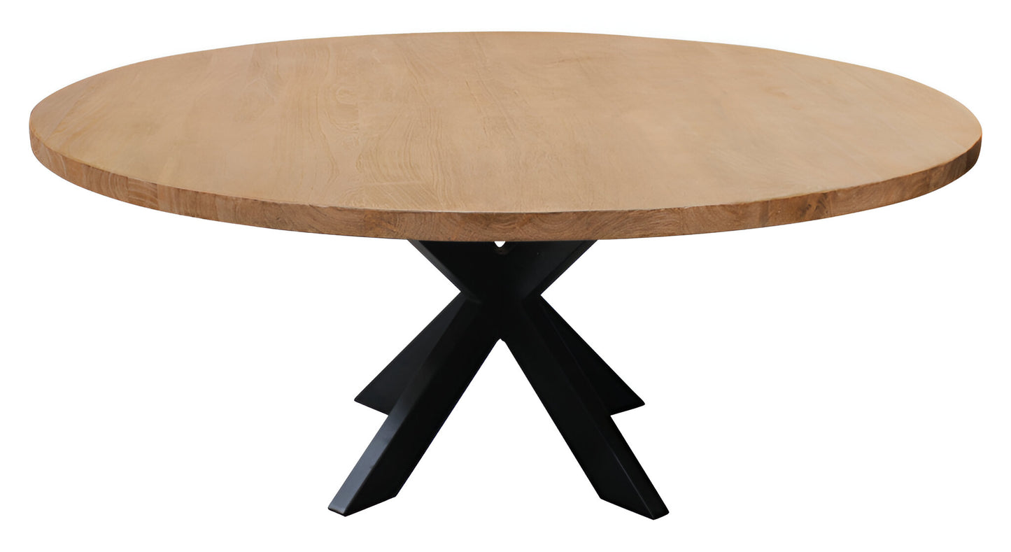 60" Natural And Black Rounded Solid Wood And Iron Pedestal Base Dining Table-1