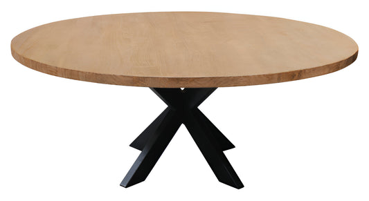 60" Natural And Black Rounded Solid Wood And Iron Pedestal Base Dining Table-1