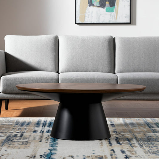 40" Brown and Black Solid Wood and Iron Round Pedestal Coffee Table-0