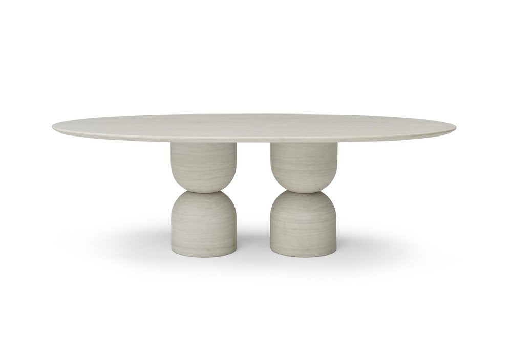 Sabine 94-inch oval dining table in beige marble on a double pedestal base, additional view