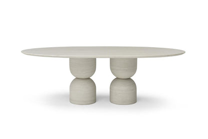 Sabine 94-inch oval dining table in beige marble on a double pedestal base, additional view