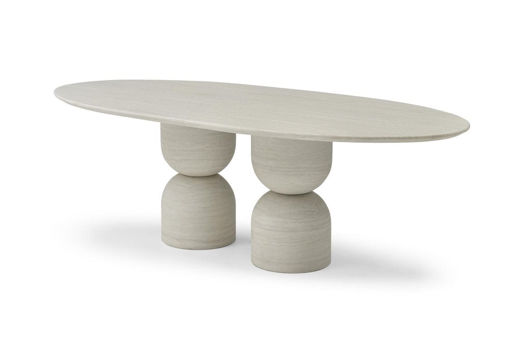 Sabine 94-inch oval dining table in beige marble on a double pedestal base, additional view